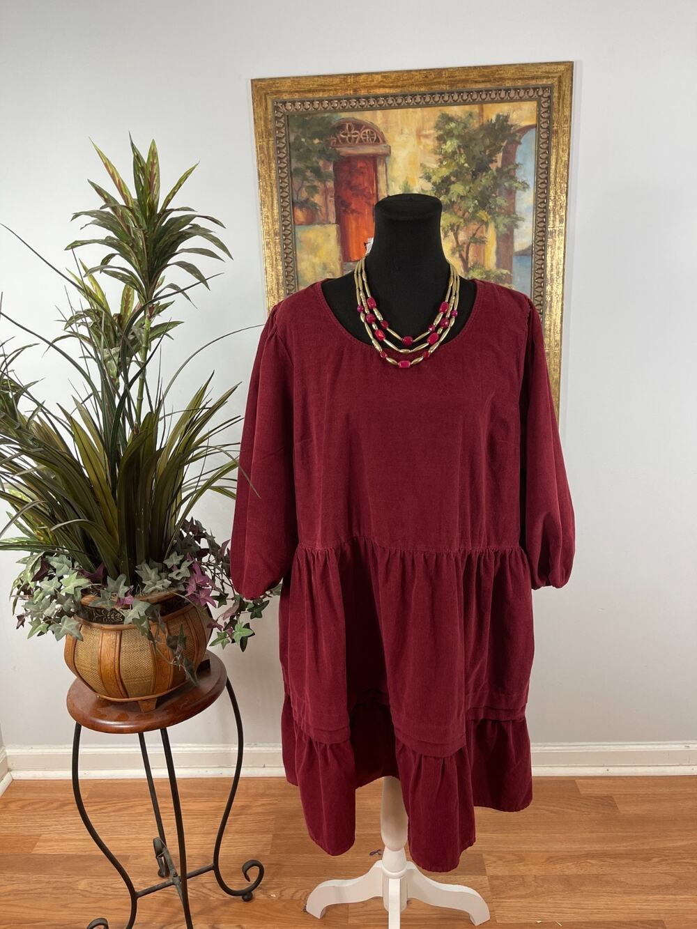 Time And Tru Babydoll Dress Women's 2XL Burgundy Corduroy Tiered Dark Academia